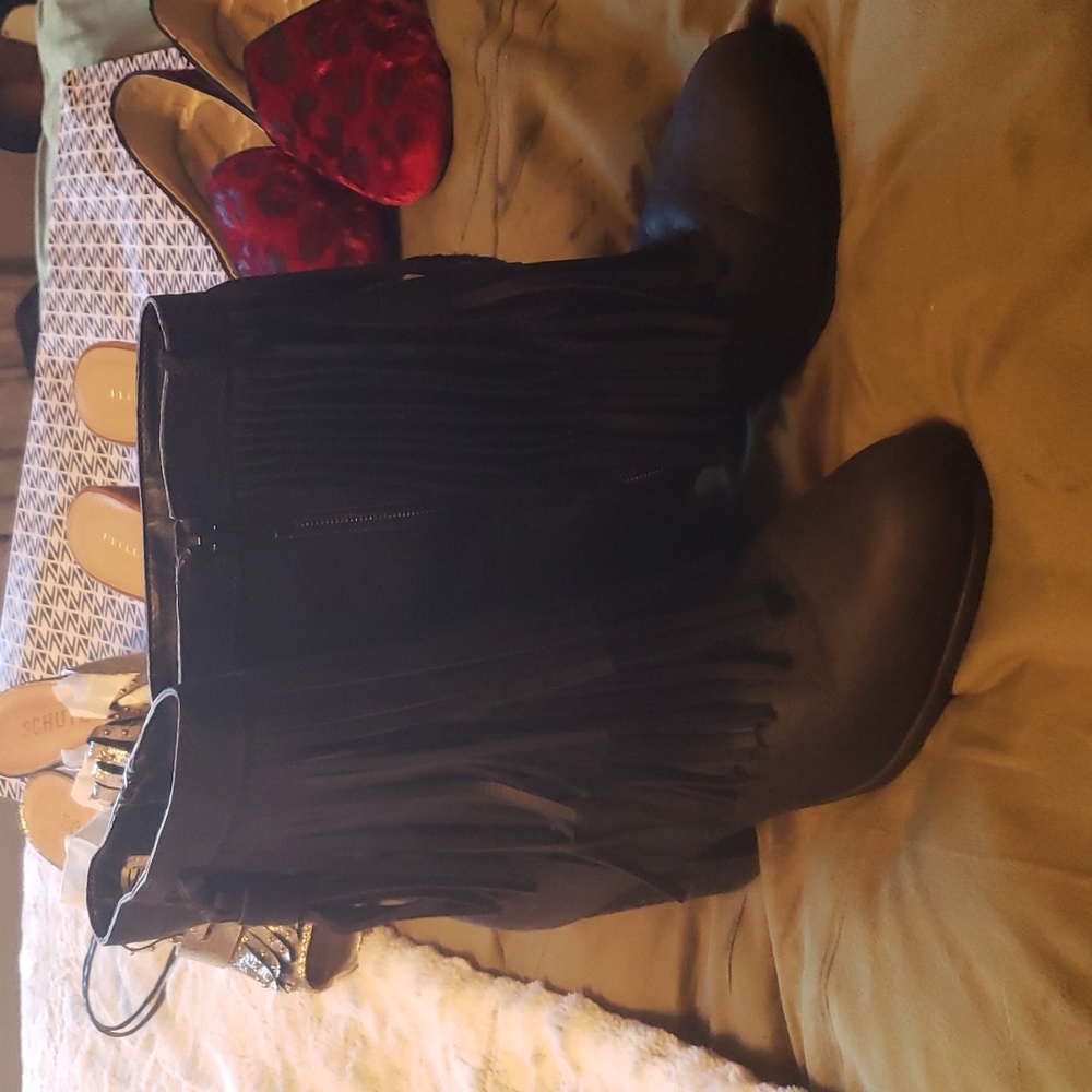 Black Leather Fringe Boots